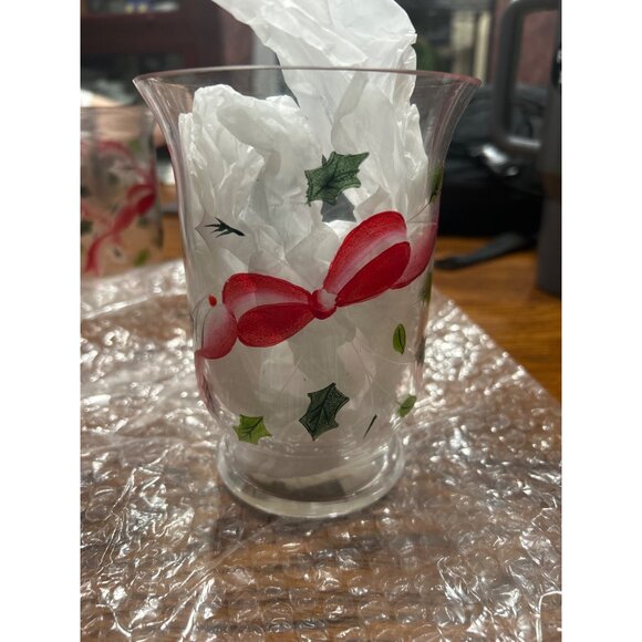 Holiday Ribbons 6" Glass Hurricane Candle Holders Set Of 2 Hand Painted Blown - Picture 5 of 5